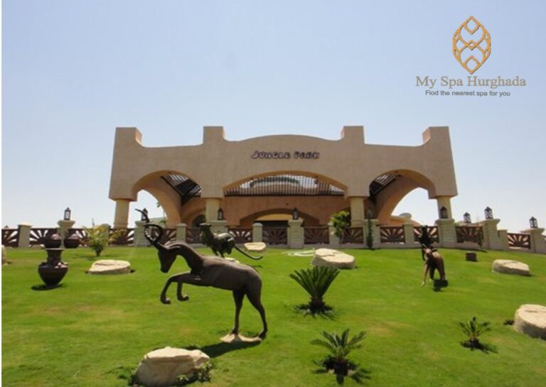 Spa from Pickalbatros Jungle Aqua Park resort entrance with decorative sculptures in Hurghada